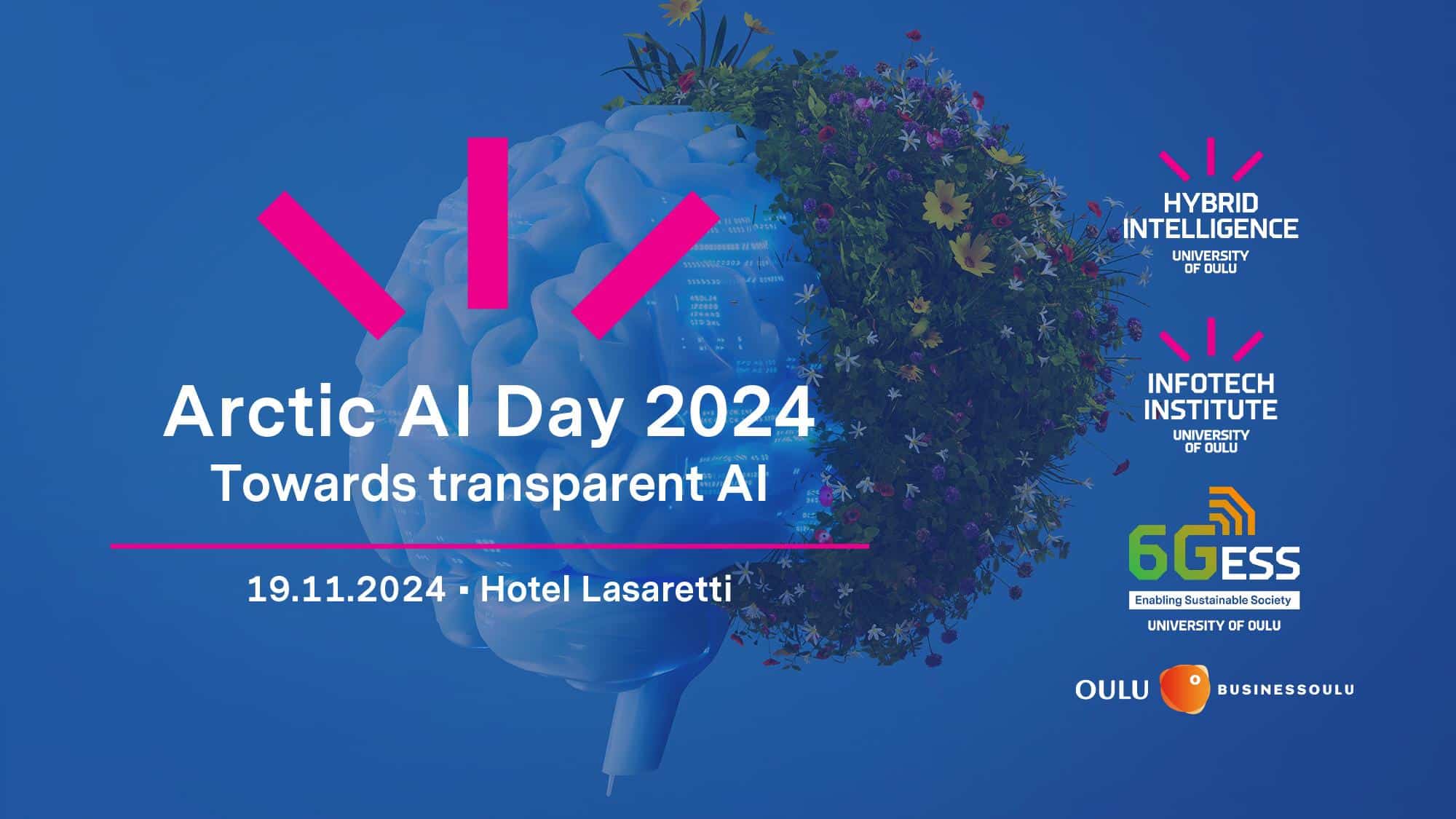 Banner for Arctic AI Day 2024 featuring transparent AI theme, hosted by the University of Oulu.