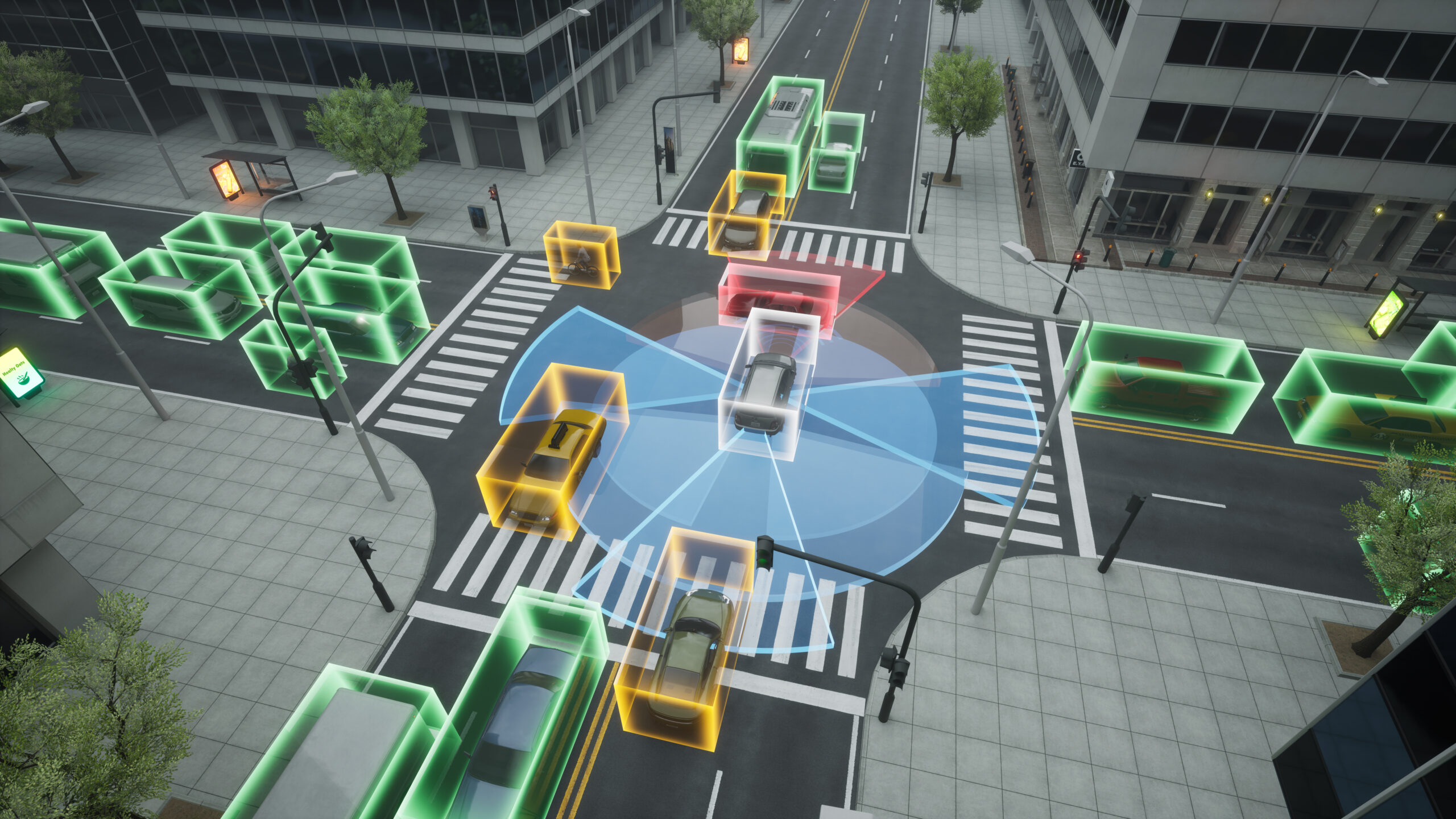 Simulation of autonomous vehicles at a city intersection utilizing multimodal sensing with visible LiDAR, RF, and camera-based data visualization. The image shows cars, buses, and pedestrians surrounded by data overlays for real-time sensing and communication.