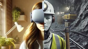 A woman, artificial intelligence, a helmet and virtual goggles in a mine