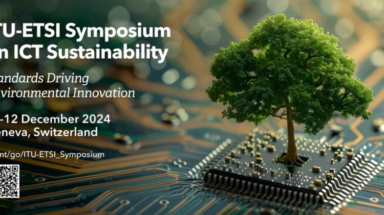 Tree growing on a computer microchip, symbolising sustainability and innovation for the ITU-ETSI Symposium on ICT Sustainability, 11–12 December 2024 in Geneva, Switzerland.