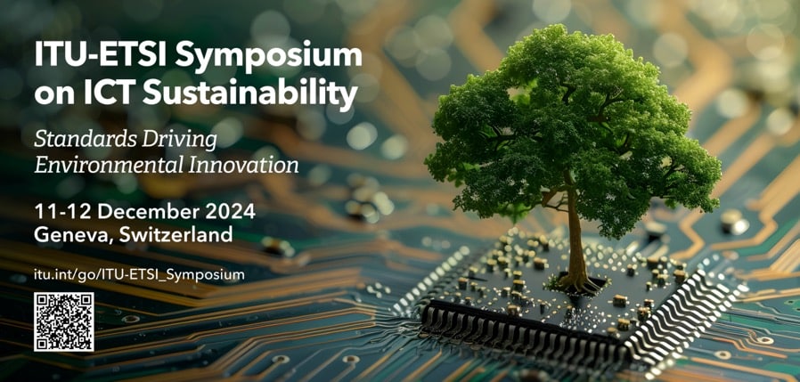 Tree growing on a computer microchip, symbolising sustainability and innovation for the ITU-ETSI Symposium on ICT Sustainability, 11–12 December 2024 in Geneva, Switzerland.