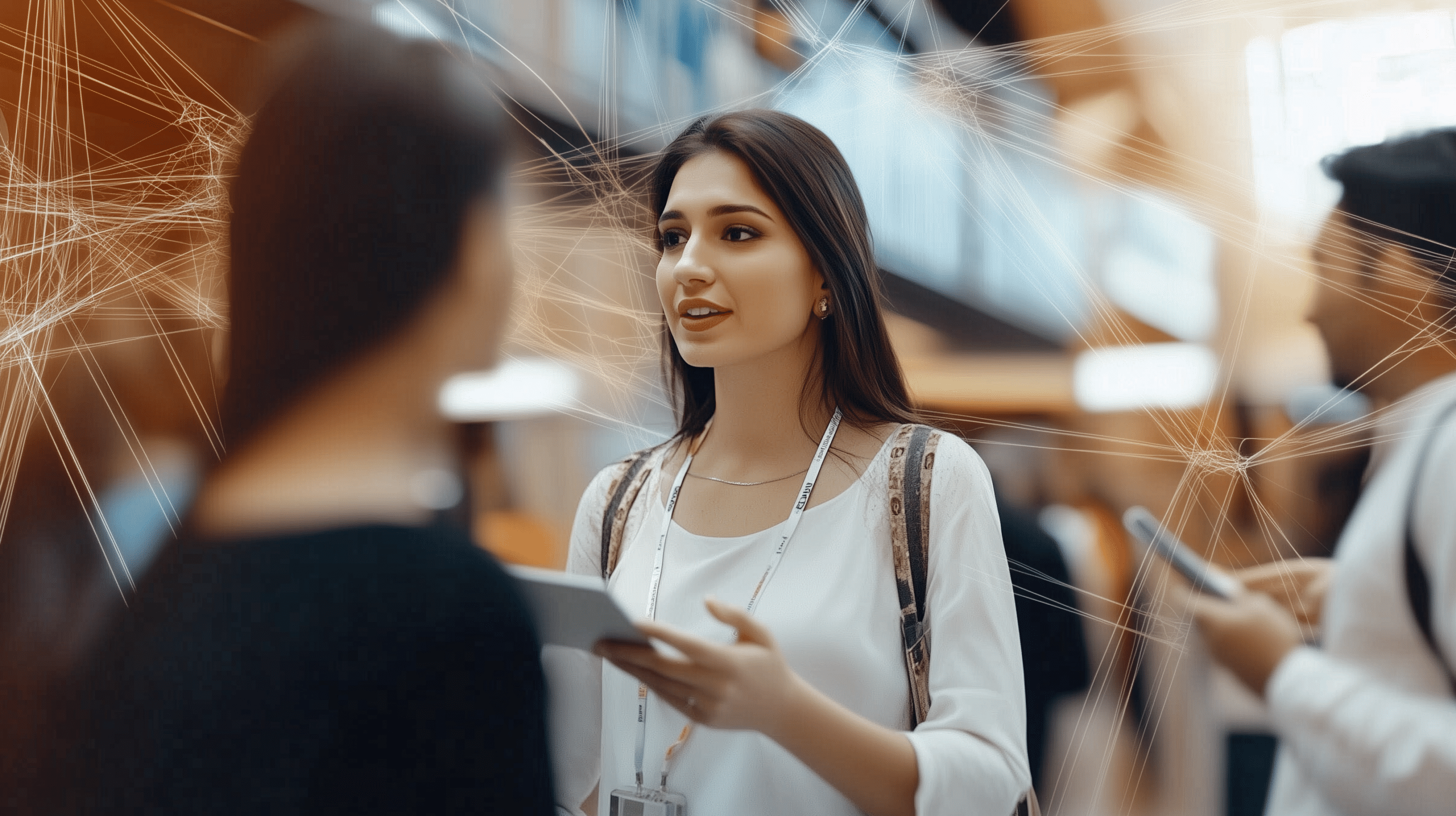 A professional conference attendee conversing, with a digital network overlay symbolising signal processing and integrated networks.