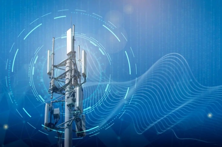 Telecommunication tower with digital wave and circular tech elements, representing connectivity and innovation for the UNIDIR Technology and Security Seminar on 6G, 11–12 December 2024 in Geneva, Switzerland.